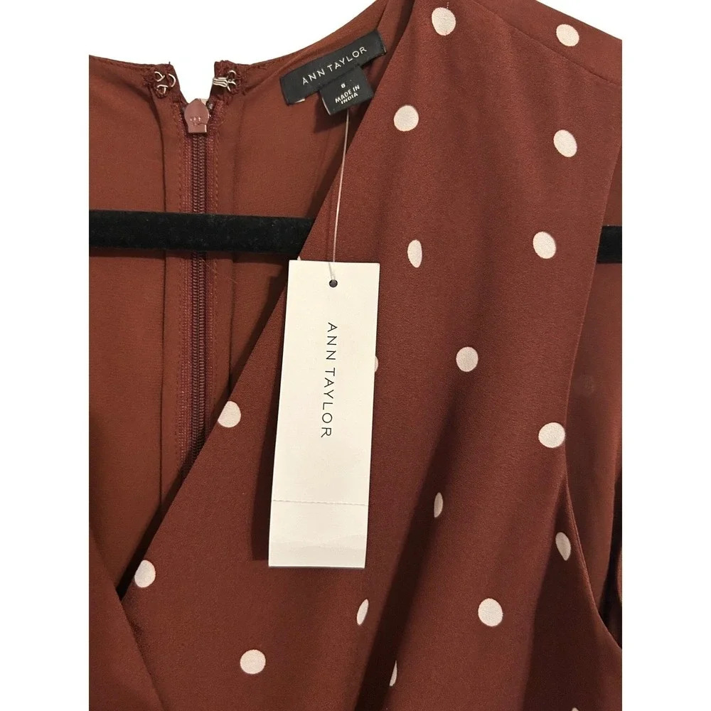 Ann Taylor Polka Dot‎ Wrap Midi Dress Rust Brown White Sleeveless Size 8 NWT